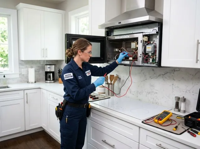 Appliance Repair Hero technician testing an over-the-range microwave in a Bear Creek, NC kitchen